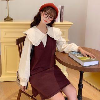 Sleeveless V-neck Knit Dress / Peter Pan Collar Blouse