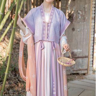Short-sleeve Hanfu Top / Maxi A-line Skirt / Long-sleeve Round Neck Top / Set