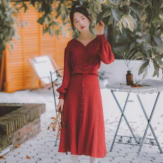 Set: Puff-sleeve V-neck Blouse + A-line Skirt