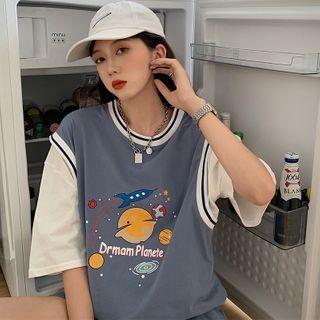 Mock Two-piece Color-block Loose-fit Top