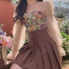 Floral Panel Blouse / Lace-up Mini A-line Skirt / Set