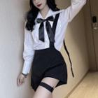 Set: Long-sleeve Bow Blouse + Mini A-line Suspender Skirt