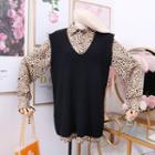 Set: Leopard-print Loose-fit Shirt + Knit Vest Black + Leopard - One Size