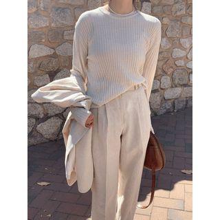 Round-neck Ribbed Knit Top Black - One Size