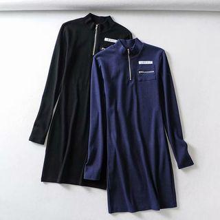 Stand Collar Half-zip Front Pocket Sheath Dress