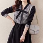 Long-sleeve Bow Houndstooth Panel A-line Dress