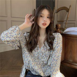 Long-sleeve V-neck Floral Print Blouse Blue - One Size