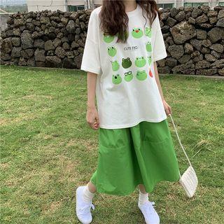 Short-sleeve Cartoon Printed T-shirt / Plain Midi Skirt