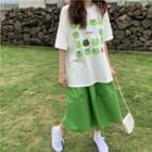 Short-sleeve Cartoon Printed T-shirt / Plain Midi Skirt