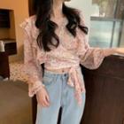 Long-sleeve Floral Print Frill Trim Crop Top As Shown In Figure - One Size