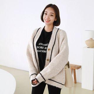 Contrast-trim Wool Blend Boxy Cardigan Oatmeal - One Size