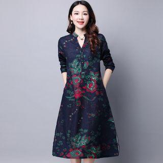 Long-sleeve Printed Buttoned A-line Midi Dress