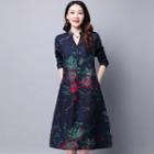 Long-sleeve Printed Buttoned A-line Midi Dress