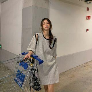 3/4-sleeve Cutout T-shirt Dress Melange Gray - One Size