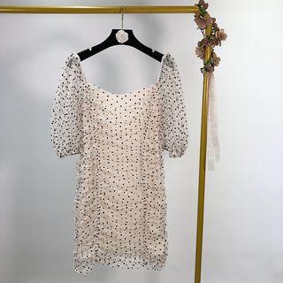 Dotted Mesh Panel Elbow-sleeve Mini Sheath Dress