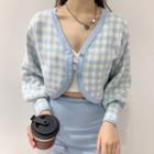 Plaid V-neck Puff-sleeve Cardigan