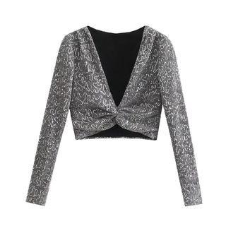 Long-sleeve Print Sequined Crop Top