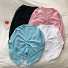 Frilled V-neck Drawcord Long-sleeve Knit Top