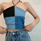 Color Block Cropped Halter Top Blue - One Size