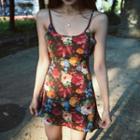 Spaghetti Strap Floral Print Mini Dress Red & Yellow Flower - Black - One Size