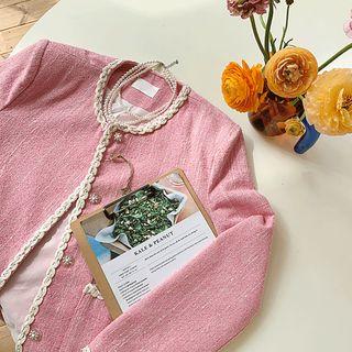 Padded-shoulder Braided-trim Tweed Jacket