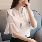 Feather Embroidered Elbow-sleeve Chiffon Blouse