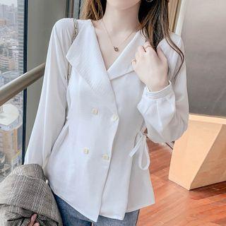 Long-sleeve Plain Double-breasted Tie-strap Chiffon Shirt