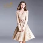 Lace Trim Pleated Knit A-line Dress