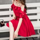 Cold-shoulder Elbow-sleeve Ruffle-trim A-line Dress