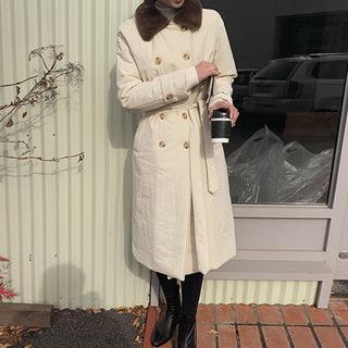 Faux-fur Collar Double-breasted Coat With Sash