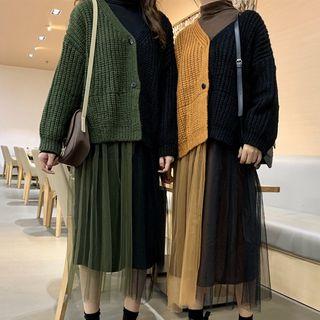 Color Block Long Cardigan / Long-sleeve Midi Dress