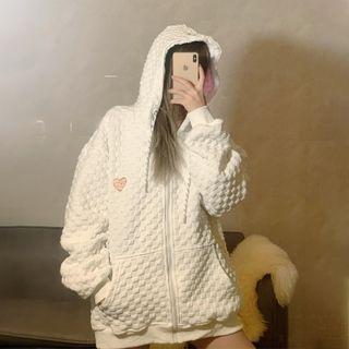 Heart Embroidered Checker Zip-up Hoodie