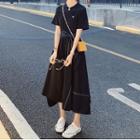 Short Sleeve Bow Accent Stitched Trim A-line Dress