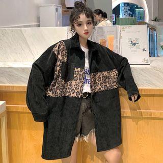Couple Matching Leopard Print Panel Corduroy Shirt
