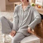 Loungewear Set : Long-sleeve Fringe Trim Top + Pants