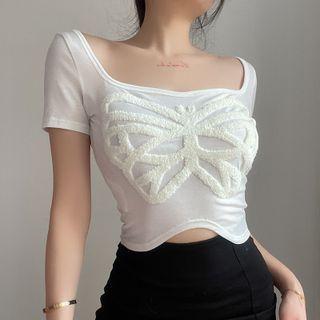 Short-sleeve Scoop-neck Embroidered Crop Top