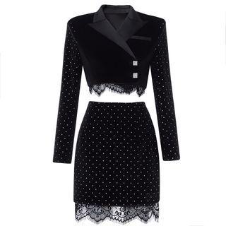 Set: Rhinestone Blazer + Lace Trim A-line Skirt