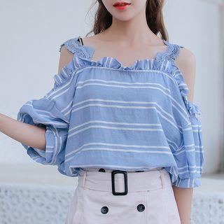 3/4-sleeve Cold Shoulder Stripe Blouse