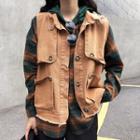 Hooded Plaid Shirt / Buttoned Utility Vest