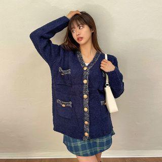 Contrast-trim Multi-pocket Cardigan Navy Blue - One Size