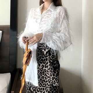 Fringe Trim Blouse / Leopard Print Midi Skirt