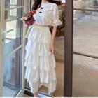 Lace Trim Bell-sleeve Cropped Top / Layered Midi A-line Skirt