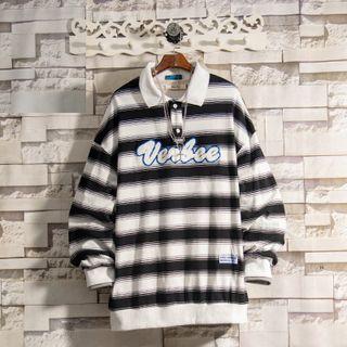 Letter Embroidered Striped Collared Sweatshirt