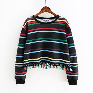 Tasseled Hem Striped Long Sleeve Cropped Top