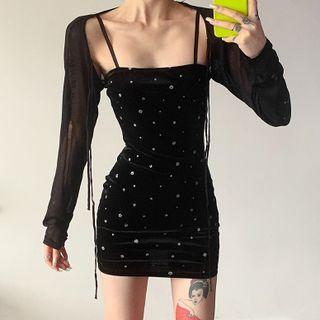 Set: Mesh Long-sleeve Shrug Top + Dotted Strappy Mini Bodycon Dress
