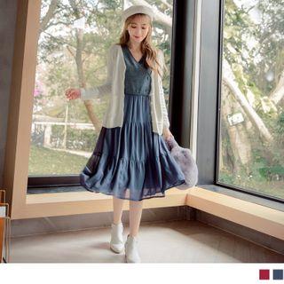 V-neck Knit Panel Layered Chiffon Dress