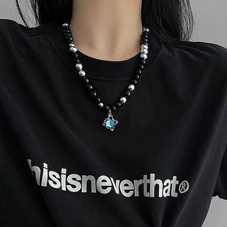 Faux Gemstone Pendant Stainless Steel Necklace Black & Silver - One Size