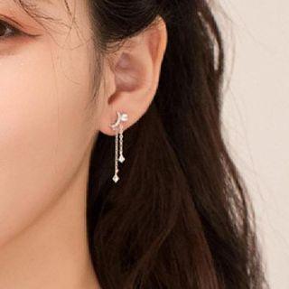Moon & Star Asymmetrical Sterling Silver Dangle Earring 1 Pair - Silver - One Size