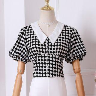 Lantern-sleeve Plaid Top