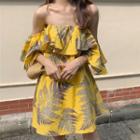 Off-shoulder Leaf Print Mini Dress